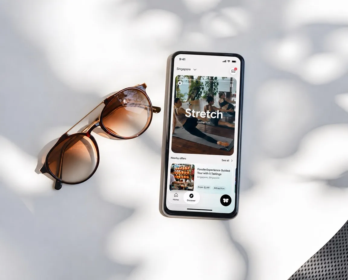 Smartphone displaying a digital travel concierge app alongside sunglasses.