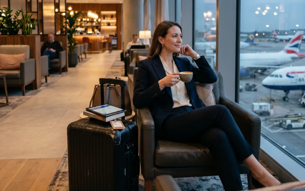 Business traveller drinking coffee while relaxing in an airport lounge.